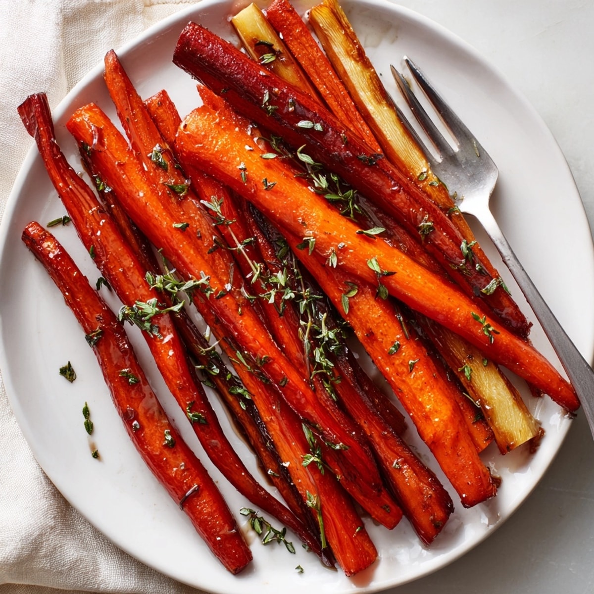 Golden Maple Glazed Roasted Carrots and Parsnips, seasoned with thyme, ready to serve.