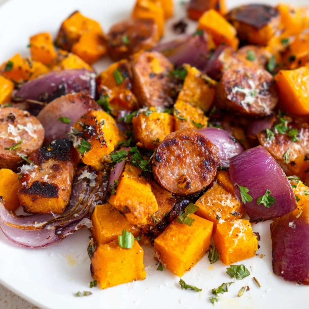 Golden butternut squash and sausage roast, perfectly seasoned and ready for family dinner.  