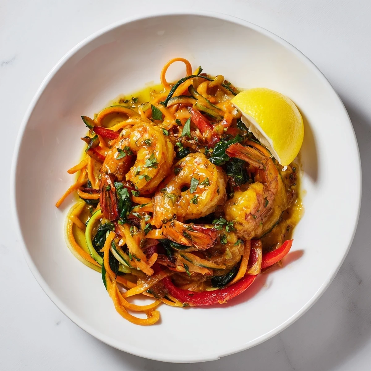 Juicy shrimp in garlic butter sauce served over spiralized zucchini and carrot noodles.  