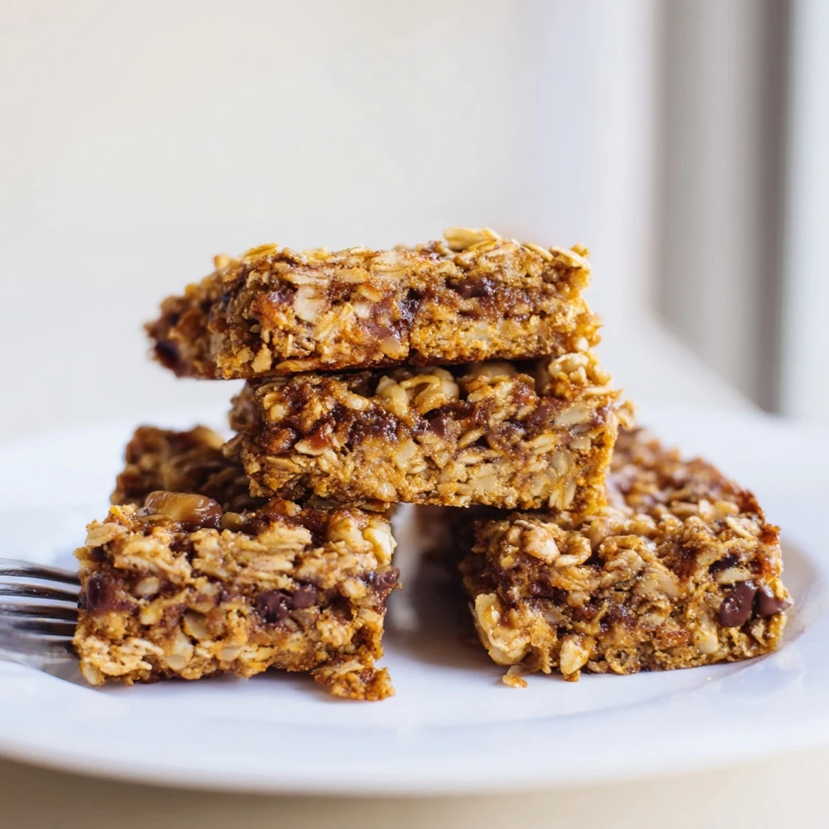 Moist pumpkin spice oatmeal bars, drizzled with maple syrup and chopped nuts.  