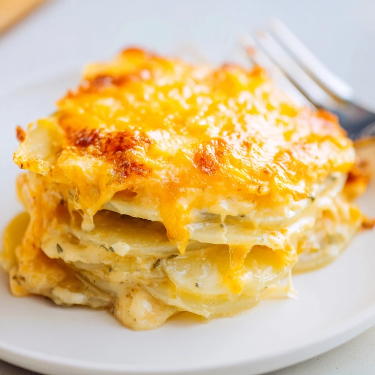 Golden, bubbling cheesy scalloped potatoes served hot from the oven, comfort food delight.