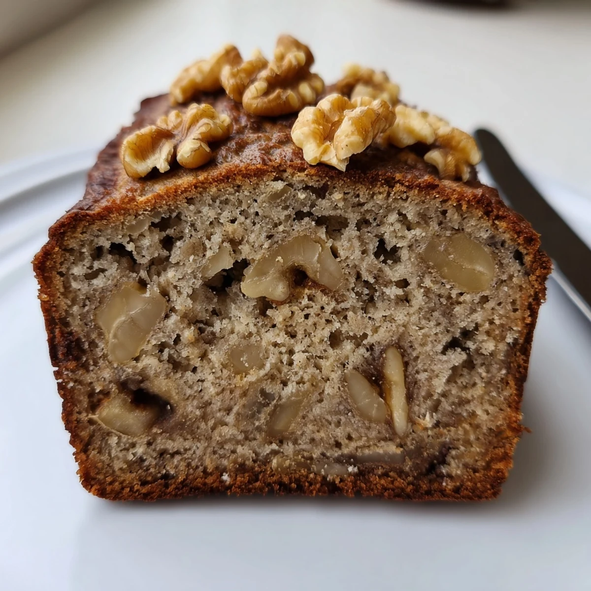 Sliced classic banana bread with walnuts, drizzled with butter and cinnamon.