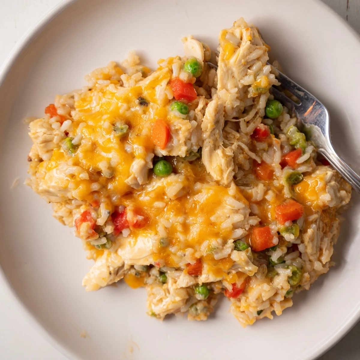 One-Pot Cheesy Chicken and Rice served in a skillet, boasting gooey melted cheese and vibrant vegetables.  