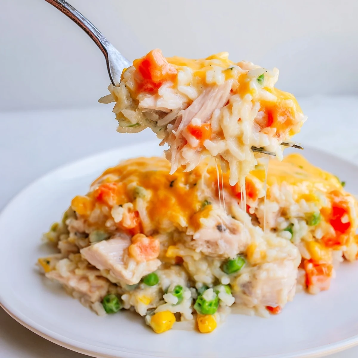 Creamy One-Pot Cheesy Chicken and Rice garnished with fresh parsley, invitingly colorful and comforting.  