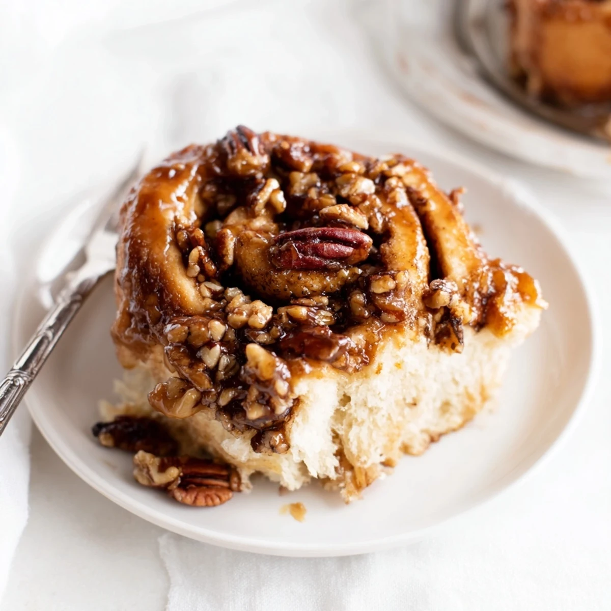 Soft maple pecan sticky buns drizzled with caramel, perfect for breakfast enjoyment.  