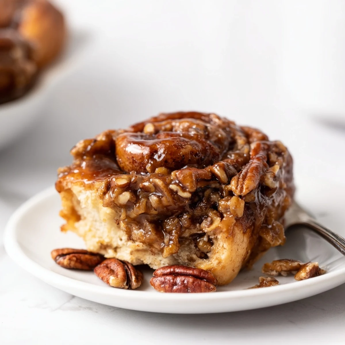 Golden maple pecan sticky buns topped with pecans, ideal for brunch gatherings.