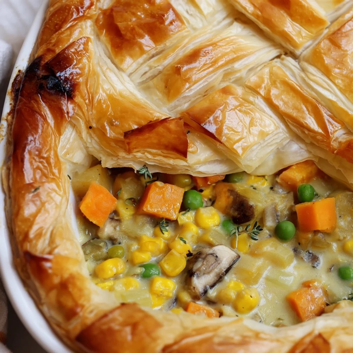 Golden-brown harvest vegetable pot pie overflowing with creamy autumn flavors and textures.  