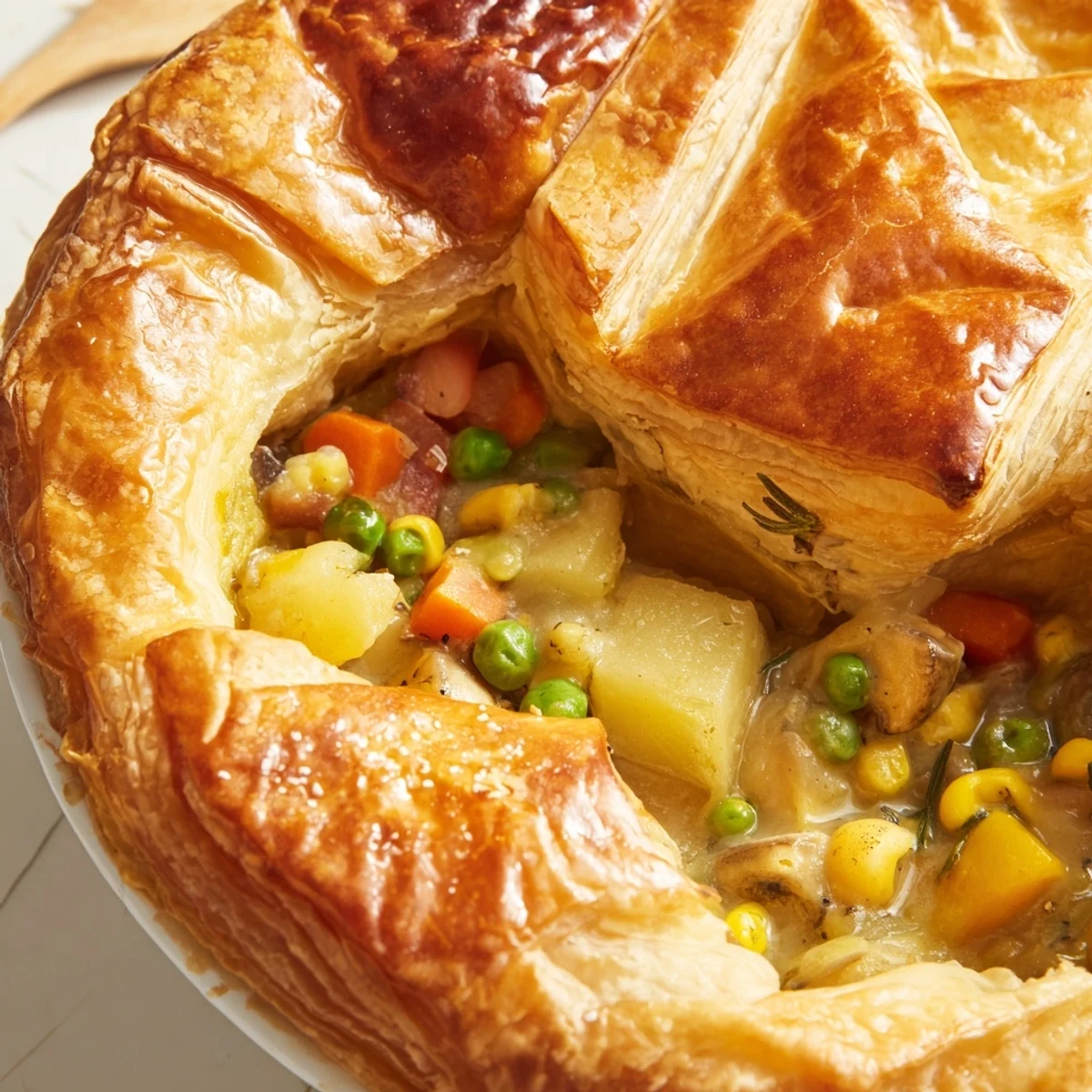 Comforting harvest vegetable pot pie, bursting with sautéed veggies and savory goodness.