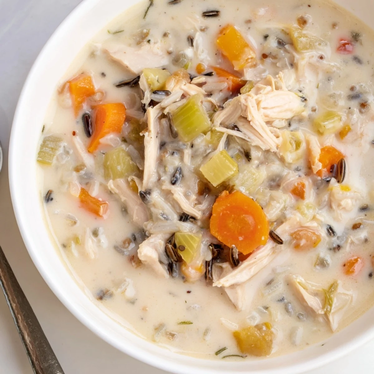 Rich and hearty slow cooker creamy chicken and wild rice soup in a bowl.  
