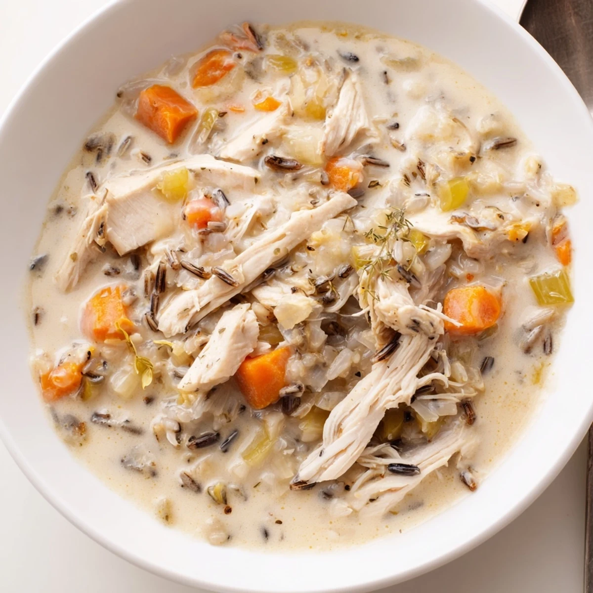 Creamy chicken and wild rice soup garnished with fresh herbs and vibrant vegetables.  