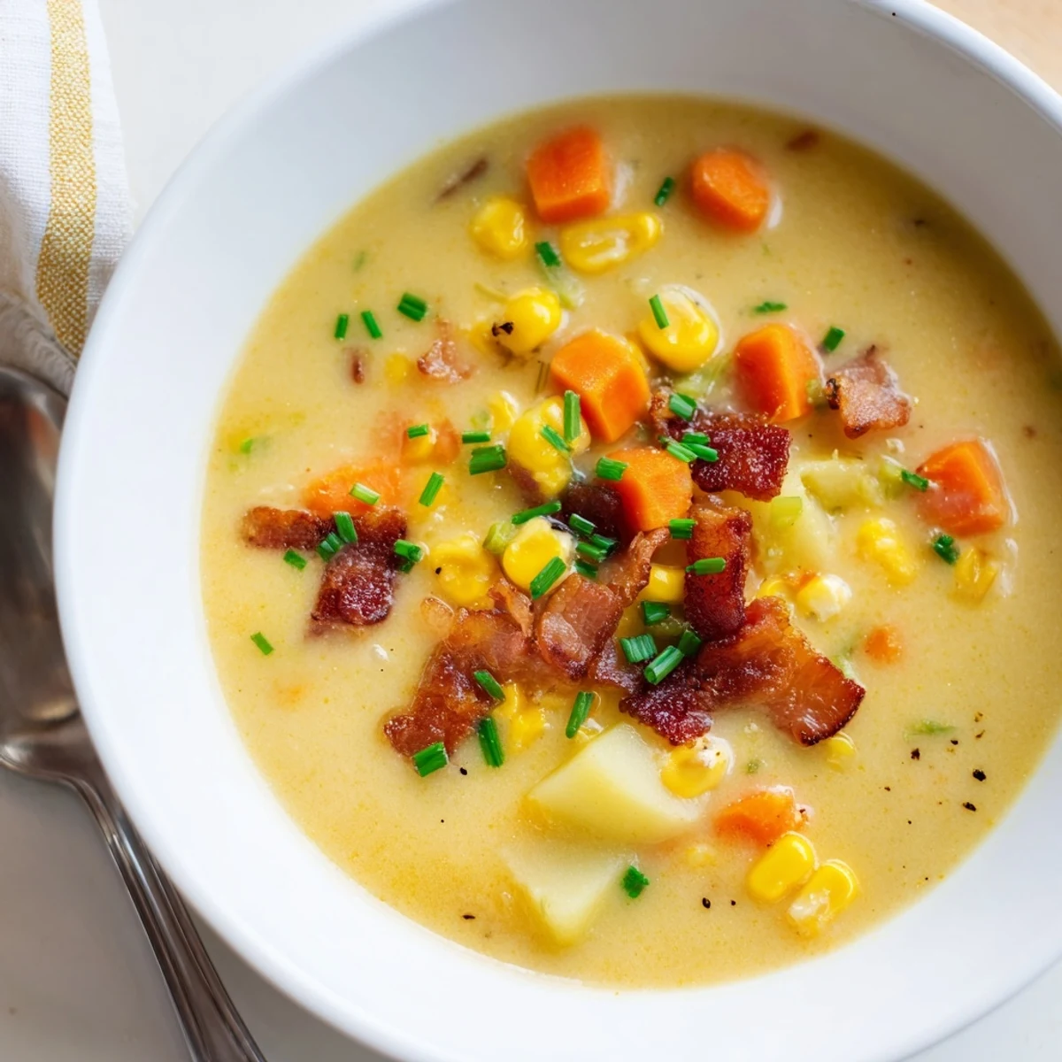 Creamy Corn and Potato Chowder garnished with chives, perfect for cozy evenings at home.  