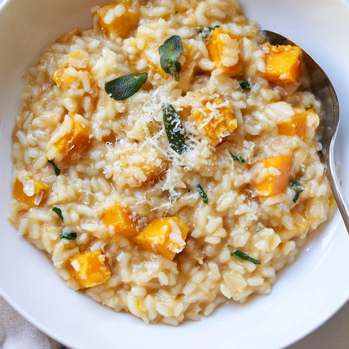 Creamy pumpkin sage risotto topped with Parmesan, perfect for cozy autumn dinners.  
