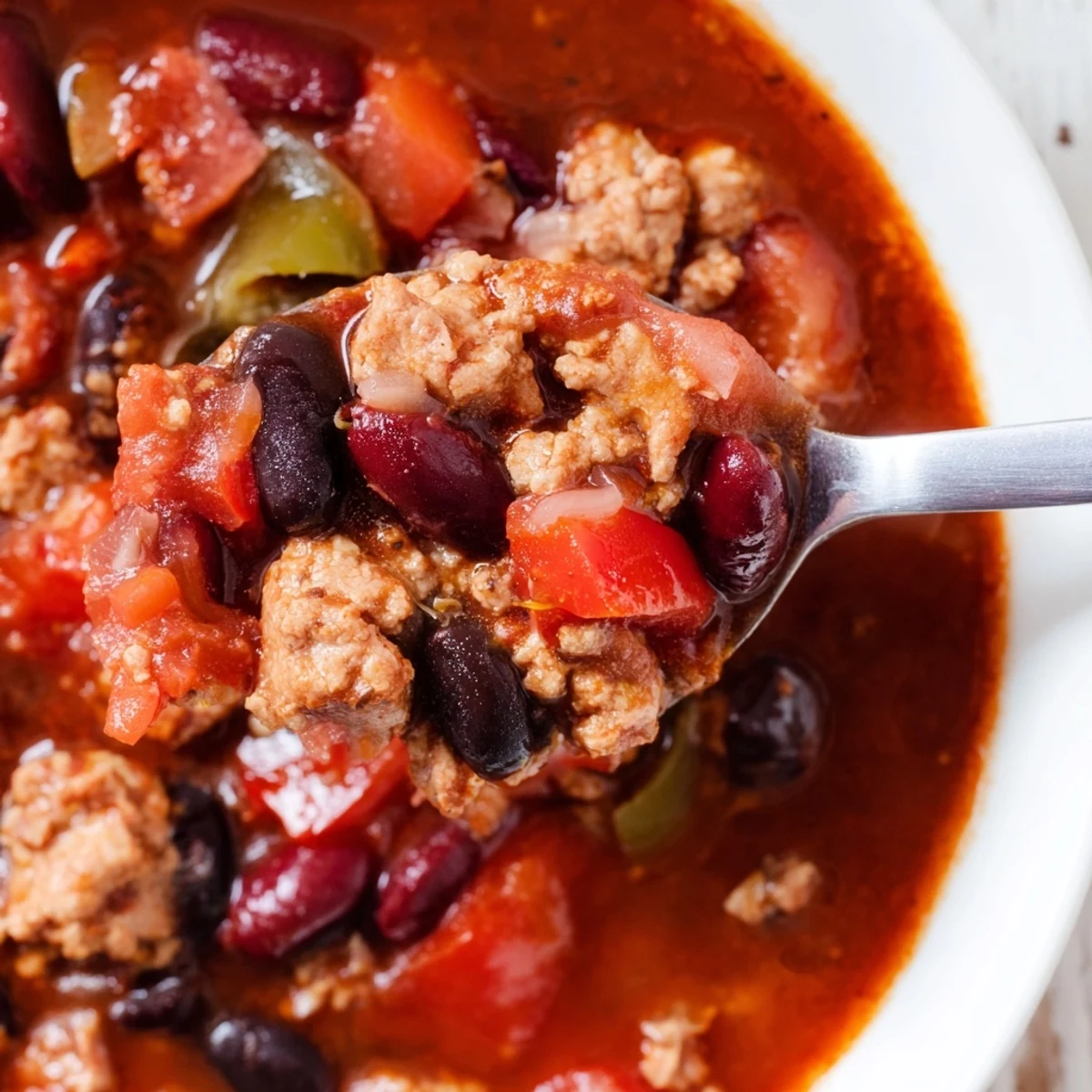 A delicious slow cooker turkey chili bursting with beans and fresh vegetables.  