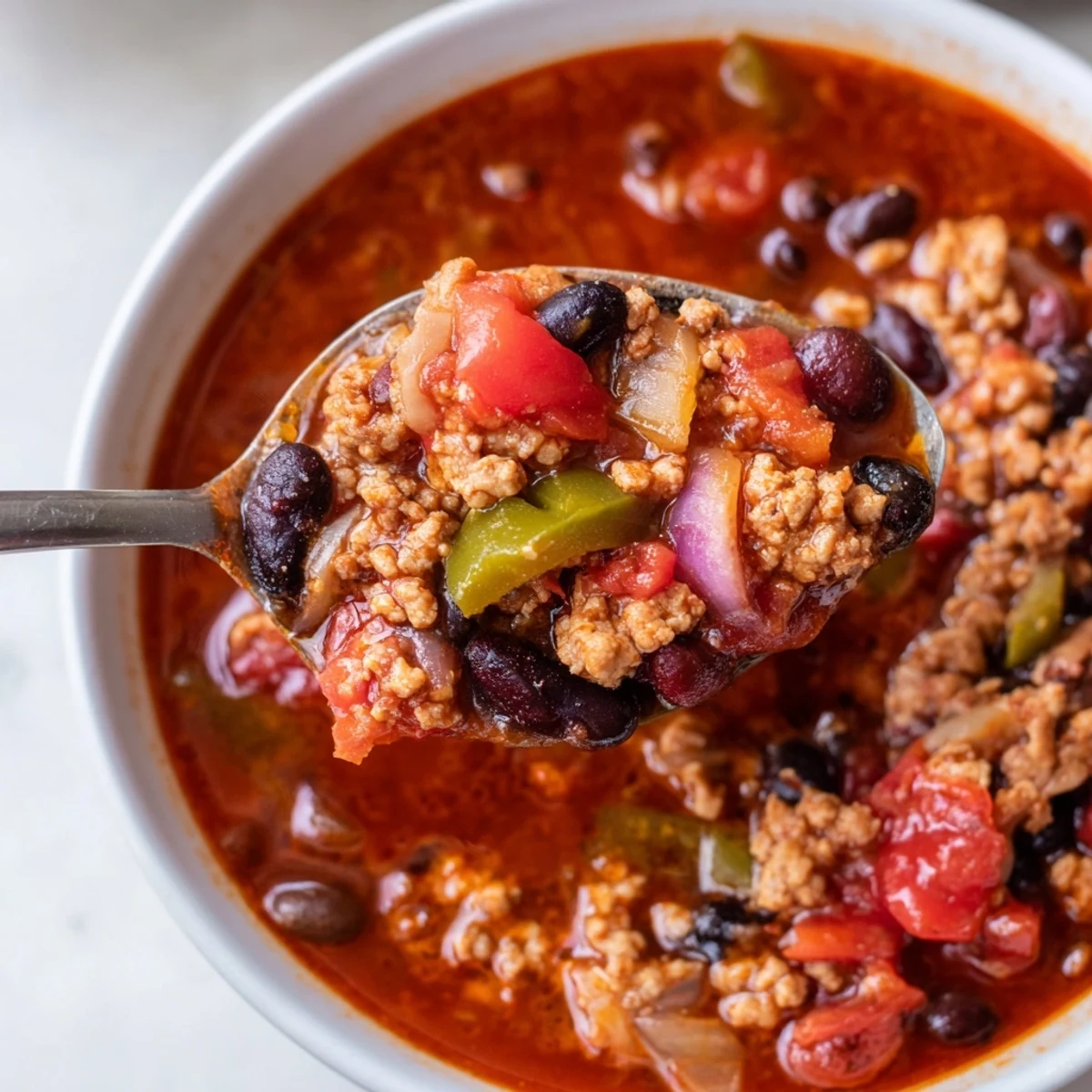 Comforting slow cooker turkey chili simmered to perfection, ideal for chilly evenings.