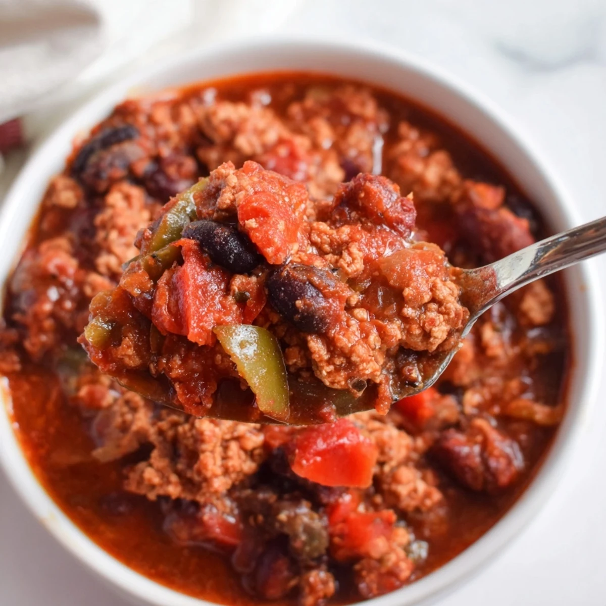 Hearty slow cooker turkey chili garnished with avocado and cilantro for added flavor.  
