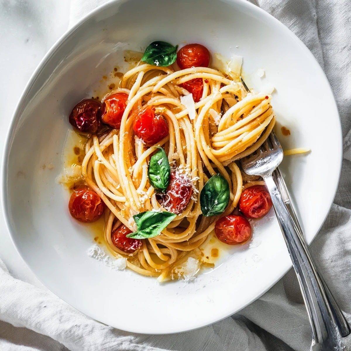 A colorful bowl of Quick Tomato Basil Pasta topped with fresh herbs and cheese.  