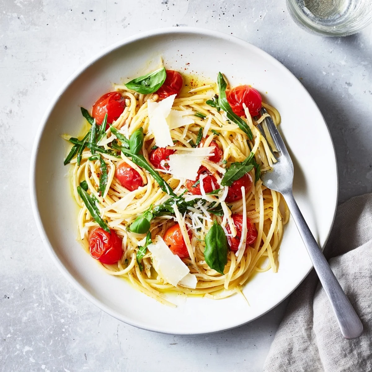 Aromatic Quick Tomato Basil Pasta served with grated Parmesan for added flavor.