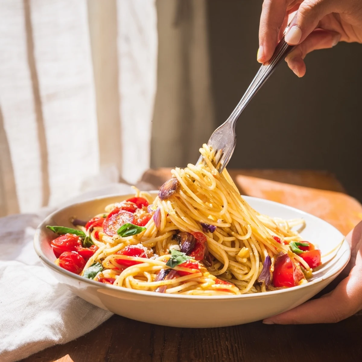 Delicious Quick Tomato Basil Pasta highlighting juicy tomatoes and fragrant basil leaves.  