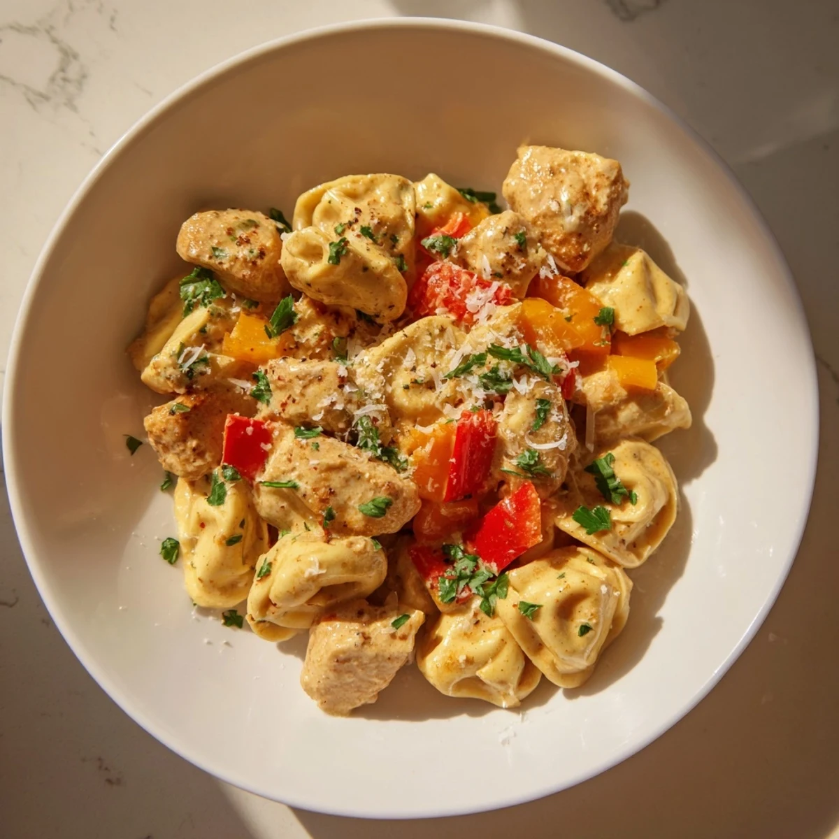 Creamy Zesty Cajun Garlic Parmesan Chicken Tortellini, a satisfying pasta dish with vibrant colors and rich sauce.