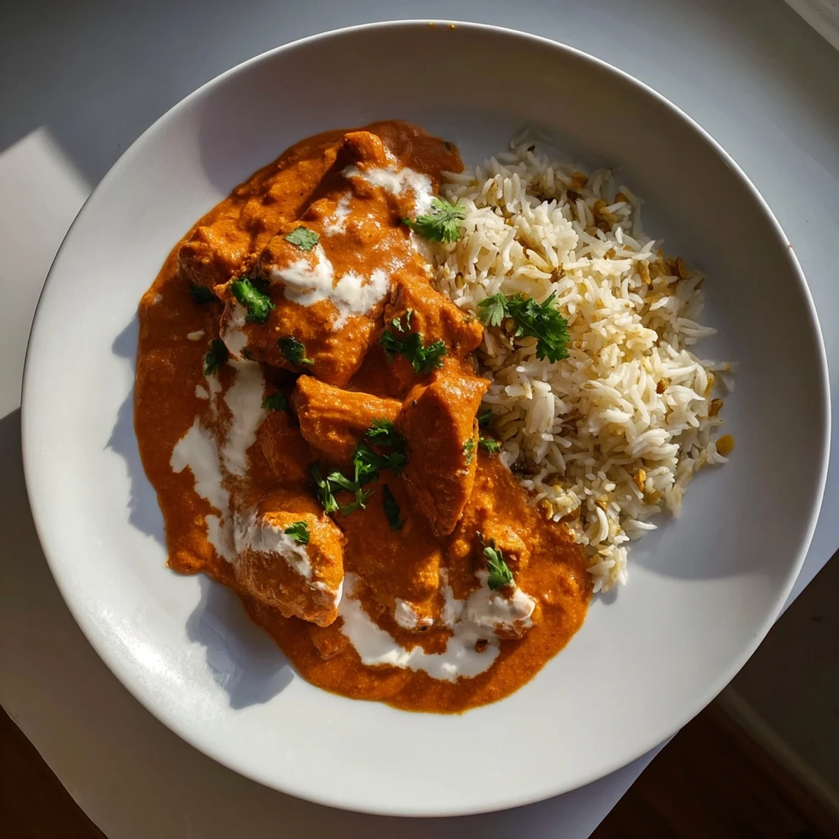 Creamy butter chicken with vibrant cilantro garnish, plated beside fragrant, spiced basmati rice pilaf.