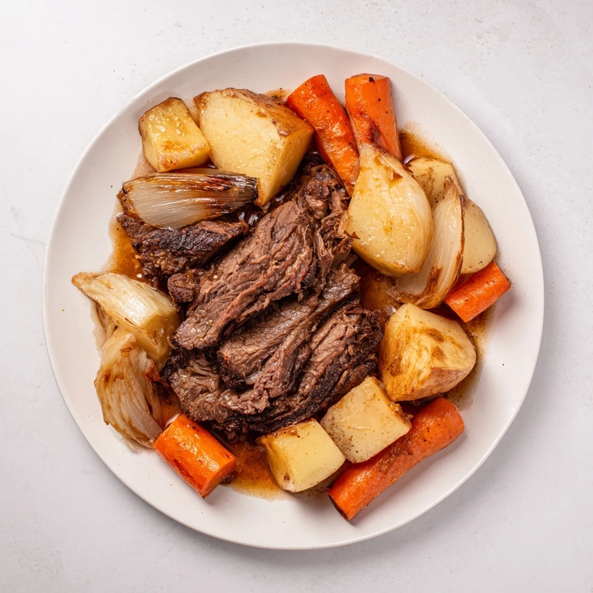 Tender Sunday Pot Roast with vividly roasted vegetables, perfect for a hearty family dinner.