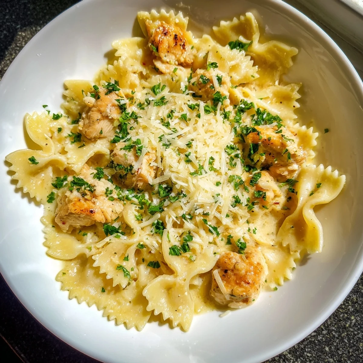 Creamy Mozzarella Garlic Butter Chicken Bowties, a comforting pasta dish with melted cheese and fresh herbs.