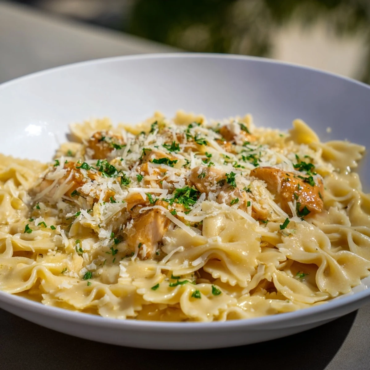 Golden, tender chicken and bowties swimming in a rich mozzarella-laden garlic butter sauce, delicious Italian-American cuisine.