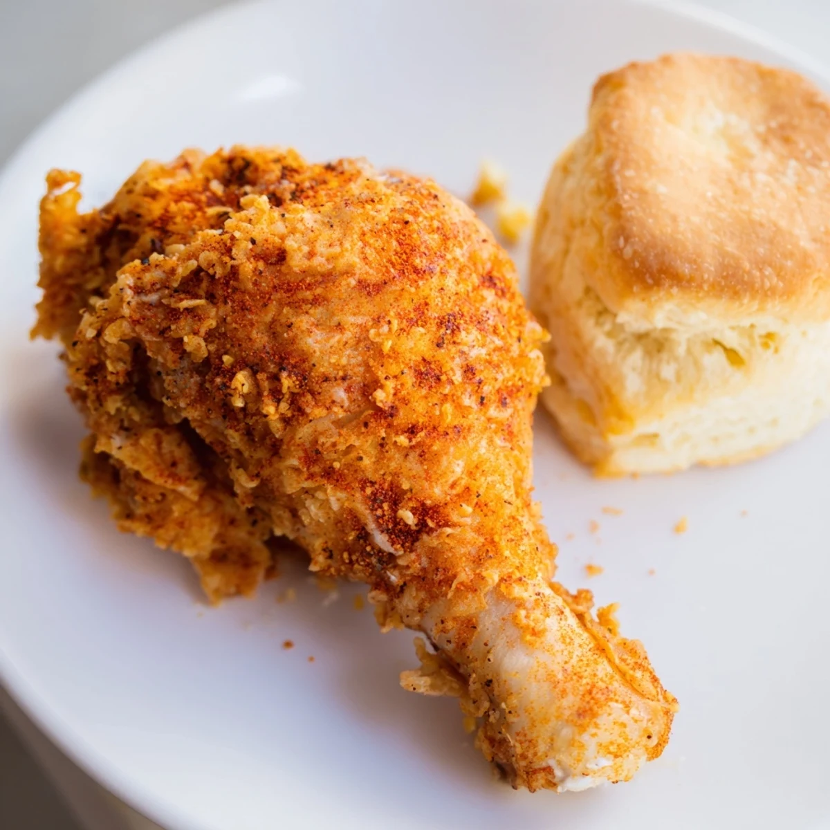 A plate of crispy Southern fried chicken and soft buttermilk biscuits, ideal for family dinners.