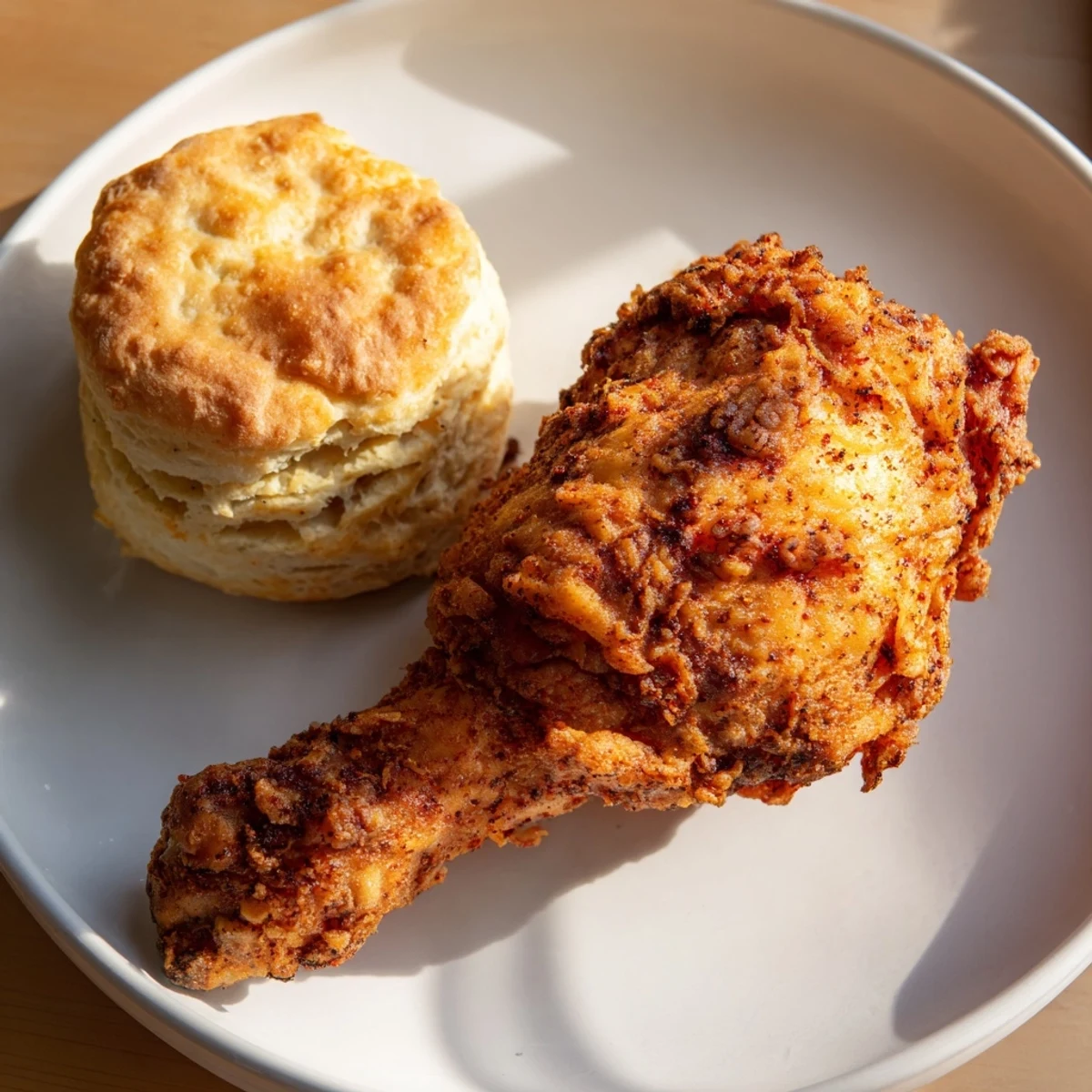 Golden-brown Southern fried chicken with fluffy buttermilk biscuits, a comforting, delicious meal.