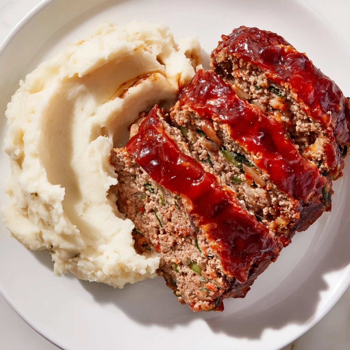 Juicy slices of Classic Meatloaf & Mashed Potatoes, steaming and ready to serve for dinner.