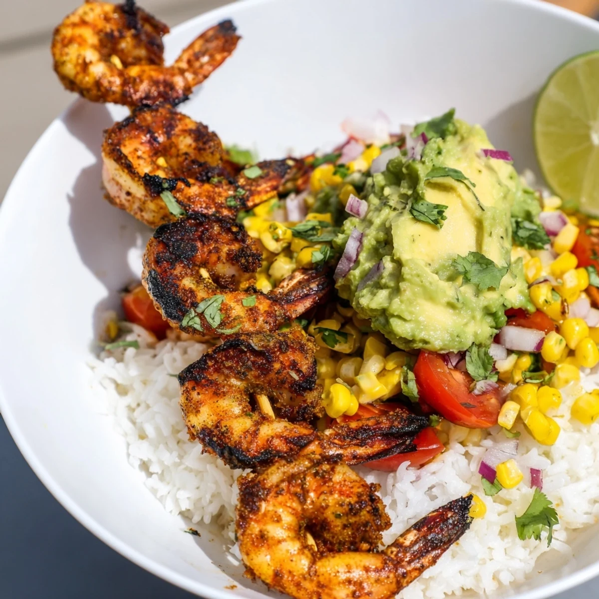 Juicy grilled shrimp nestled atop rice with vibrant avocado corn salsa for this easy shrimp bowl.