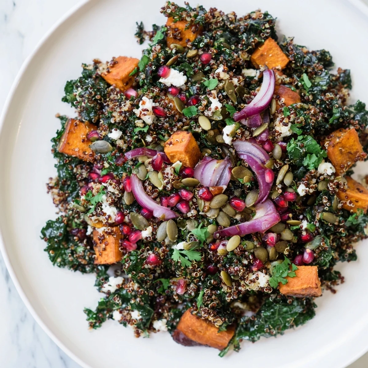 A colorful bowl of kale & quinoa salad, showcasing sweet potatoes and vibrant lemon dressing.