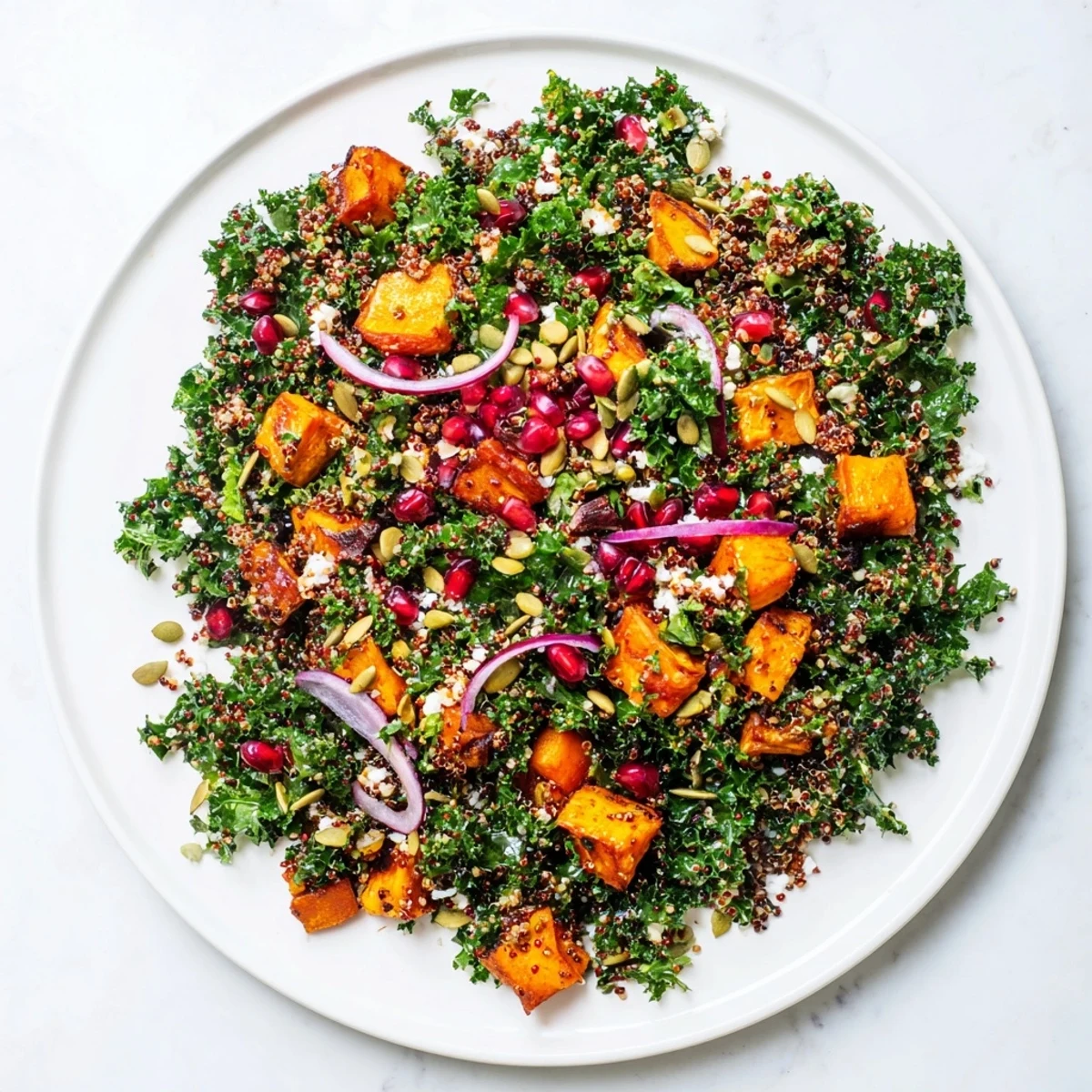 Flavorful kale & quinoa salad with sweet potatoes, topped with pumpkin seeds and crumbled feta cheese.