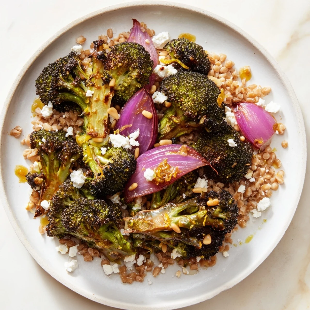 Golden roasted broccoli and farro, a gorgeous vegetarian dish that's wonderfully flavored.