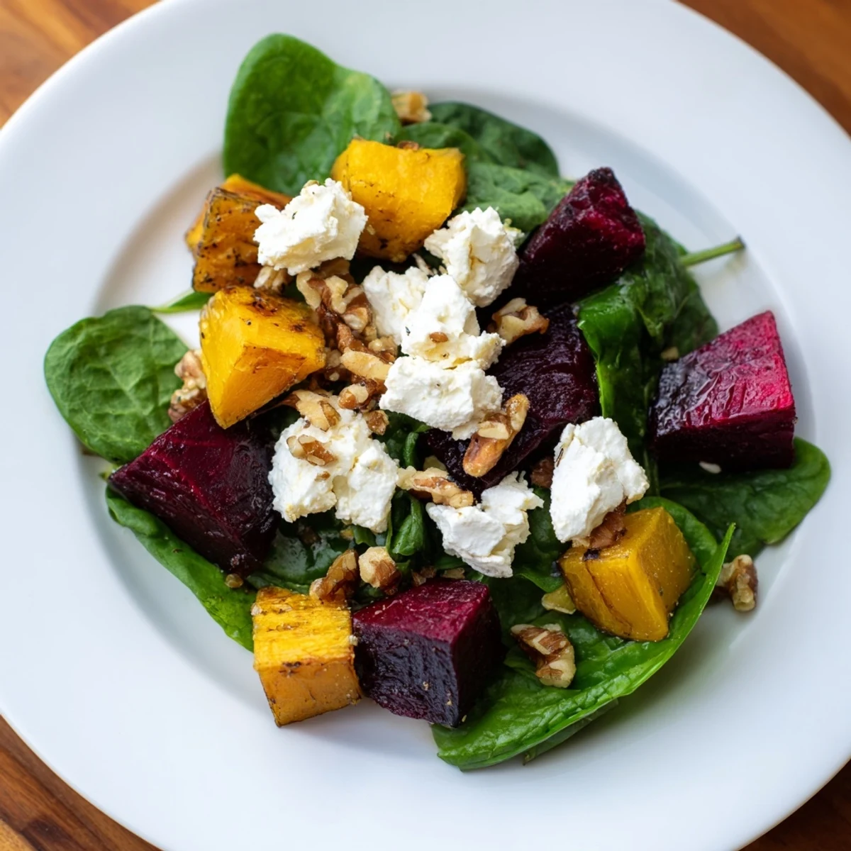 Golden-hued roasted beet, butternut, and spinach salad topped with creamy goat cheese, ready to eat.