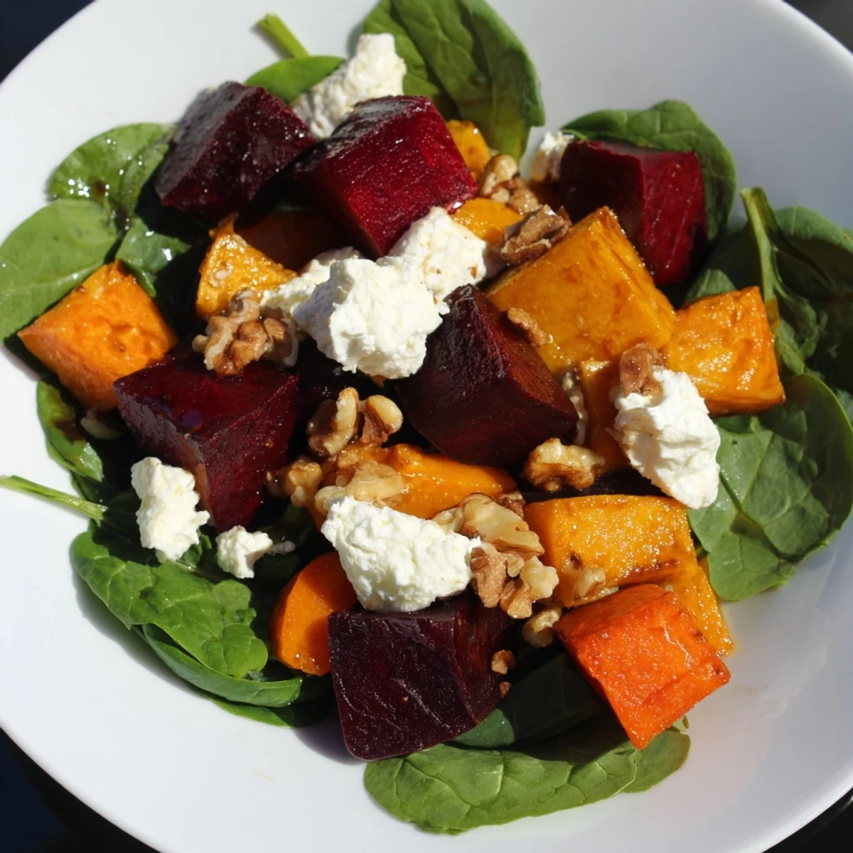Enjoy a healthy serving of roasted beet salad with butternut squash, goat cheese, and crunchy walnuts now!