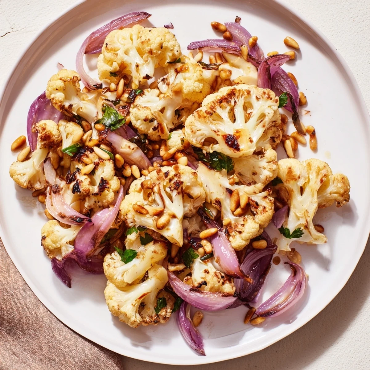Golden roasted cauliflower florets in a bright Warm Roasted Cauliflower Salad tossed with lemon dressing.