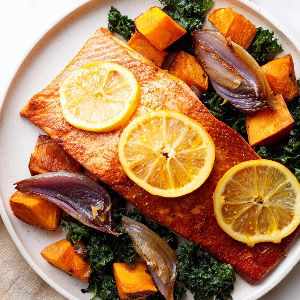 Golden-brown sheet-pan salmon, tender veggies, and kale served with fresh lemon slices, delicious.