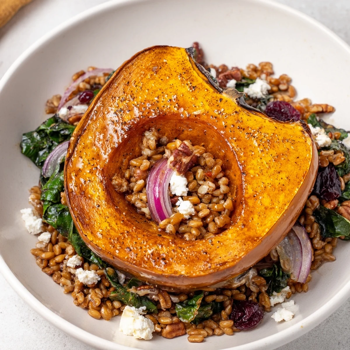 Golden acorn squash slices top this Farro & Mustard Green Salad, a colorful, hearty meal.