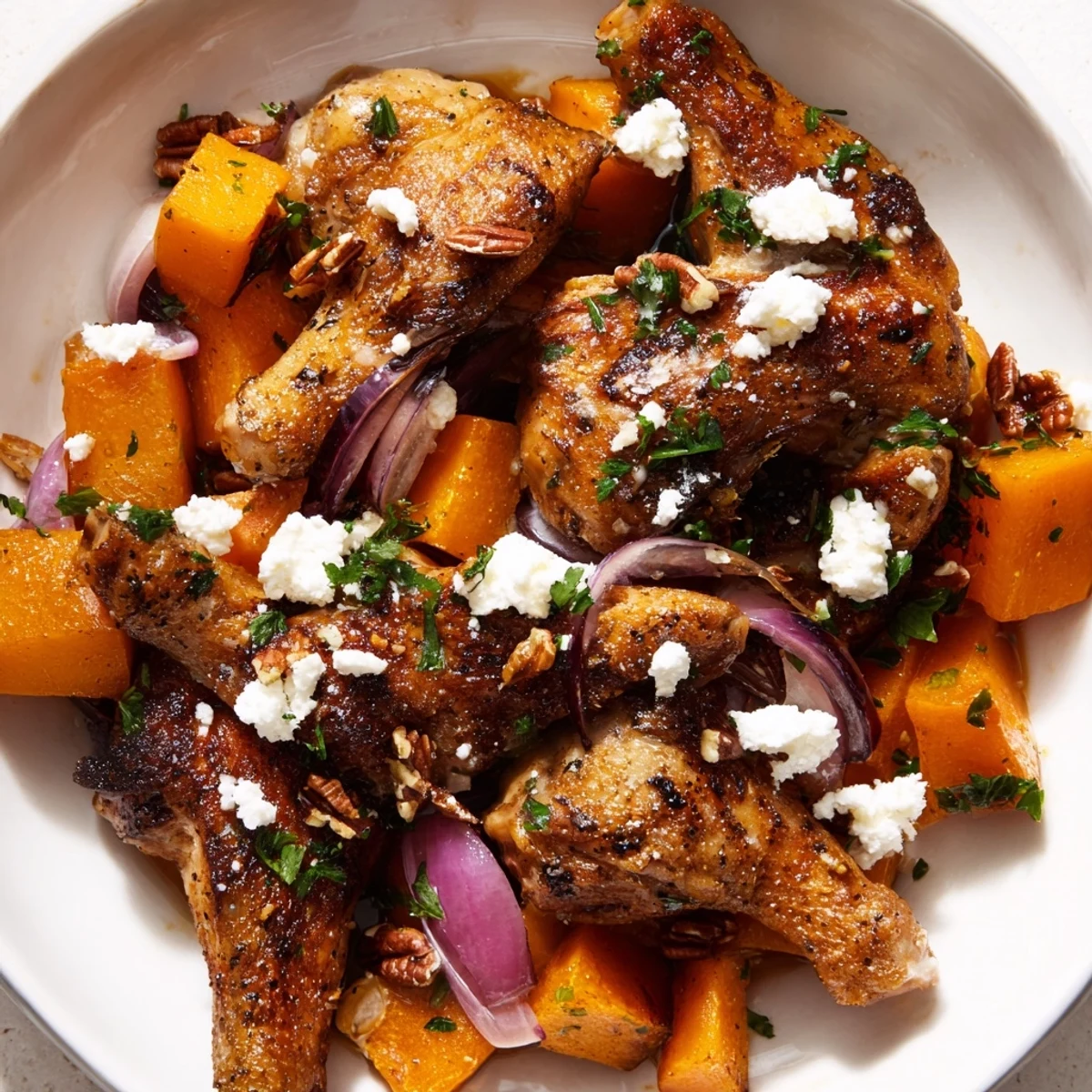 Warm, golden Roasted Chicken & Winter Squash Sheet-Pan Salad with tender chicken and caramelized squash.