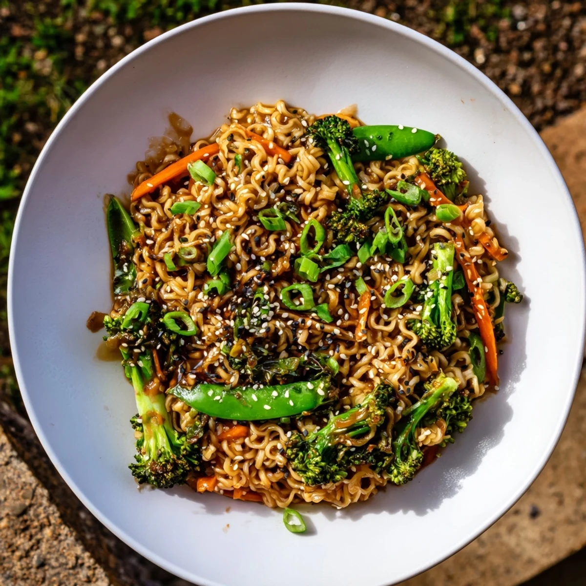 Savory Ramen Noodle Stir-Fry Remix ready to eat, topped with sesame seeds and fresh green onions.
