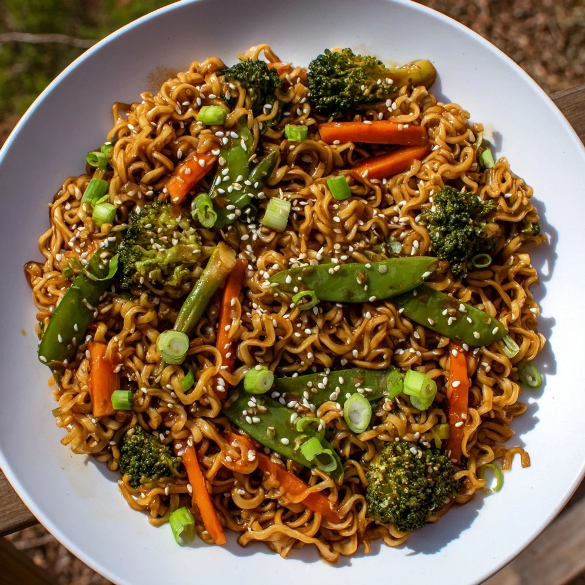 Steaming bowl of Ramen Noodle Stir-Fry Remix, loaded with colorful vegetables and savory sauce.