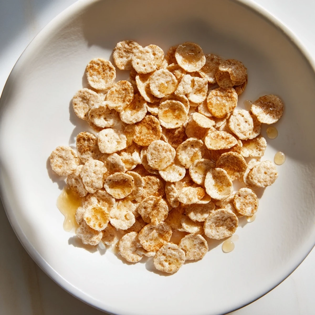 Fluffy miniature pancake cereal, drizzled with syrup, promising a delightful bite for breakfast.