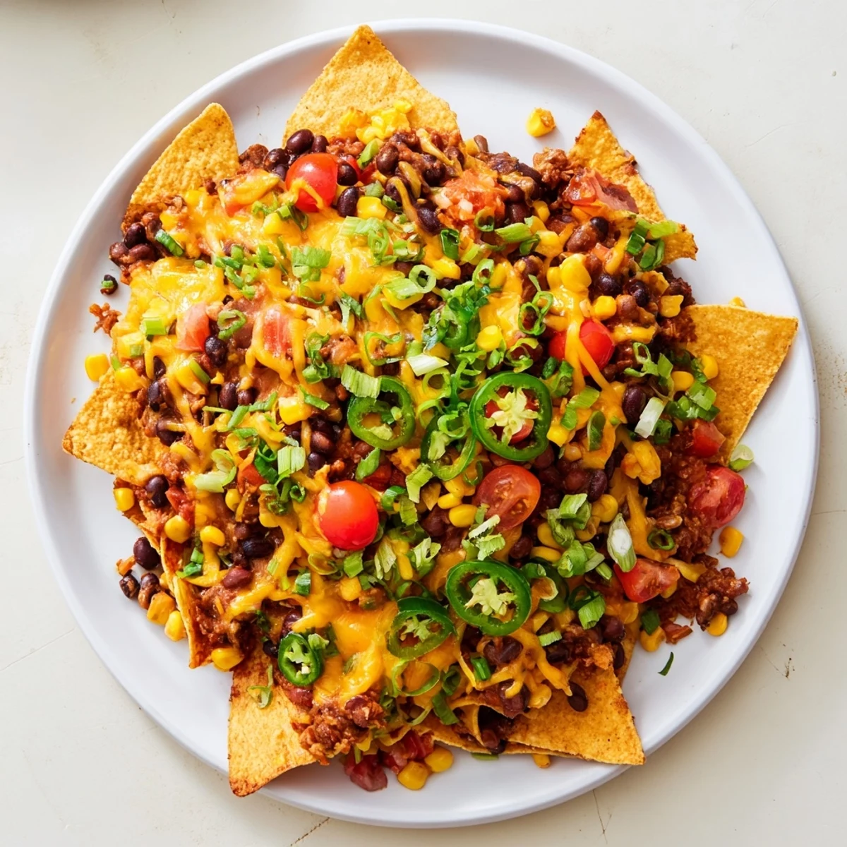 Sheet-pan nachos featuring melted cheddar, colorful veggies, and pantry beans, a perfect quick dinner.