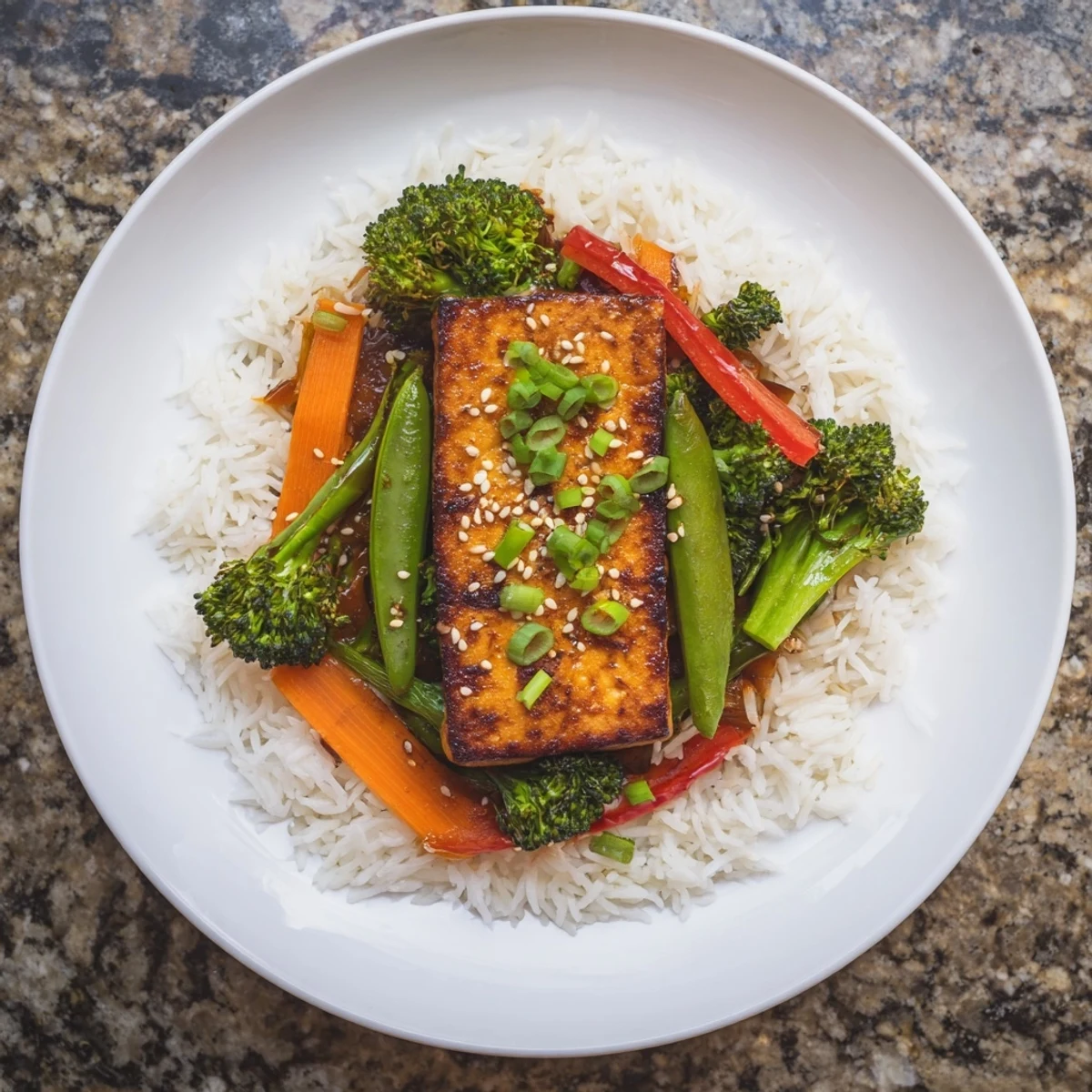 Golden, crispy pressed tofu steaks with colorful stir-fried vegetables and fluffy rice.