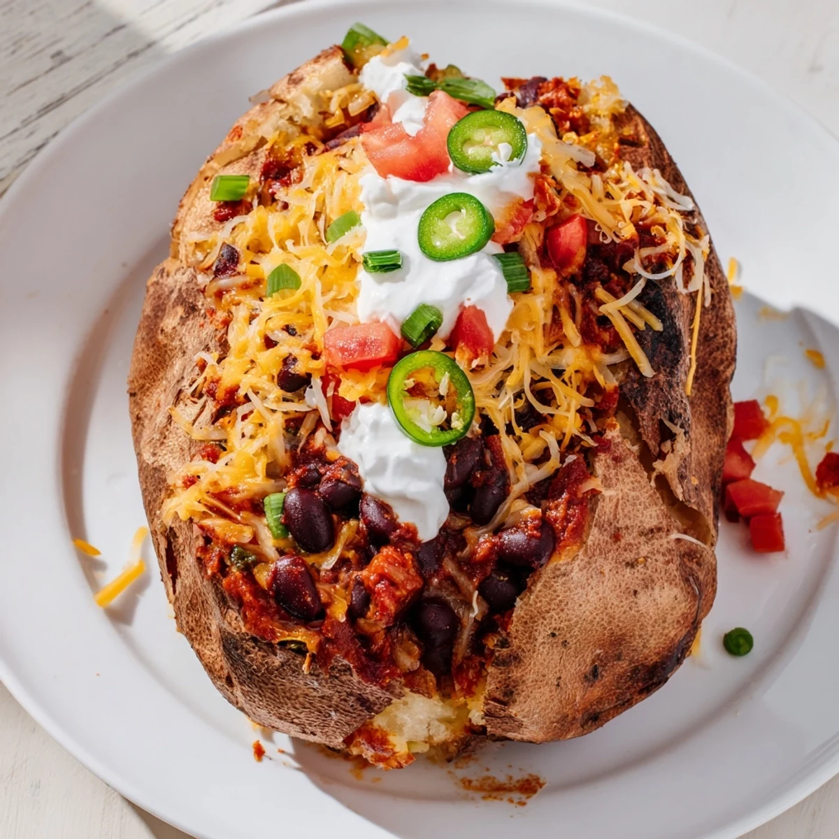 Steaming loaded baked potato with chili, cheese, and fresh toppings, ready to enjoy.