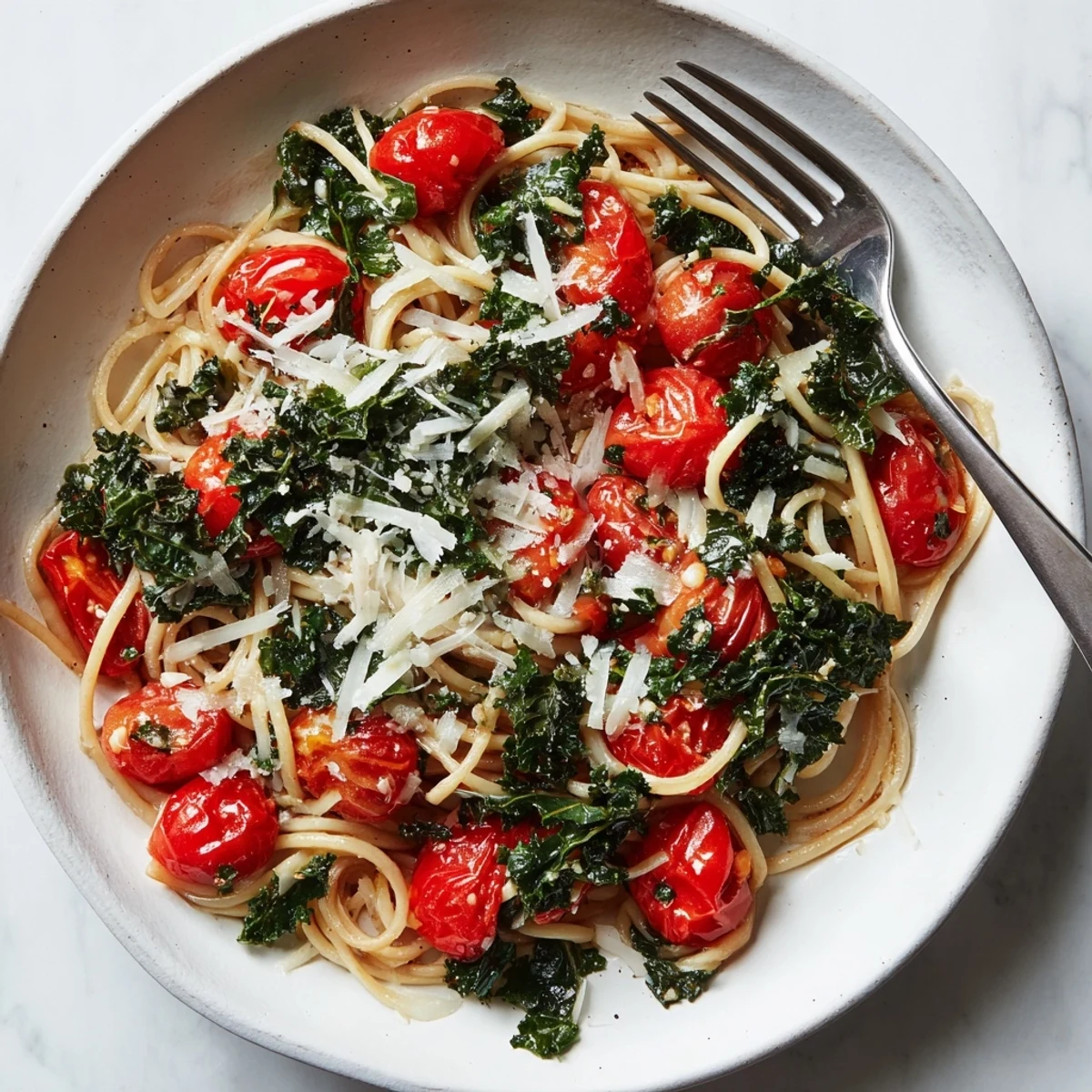 Steaming one-pot spaghetti with kale and tomatoes, plated with fresh basil, ready to eat.