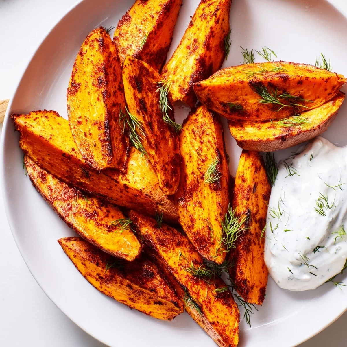 Golden-brown, crispy roasted sweet potato wedges ready to be dipped in creamy yogurt sauce.