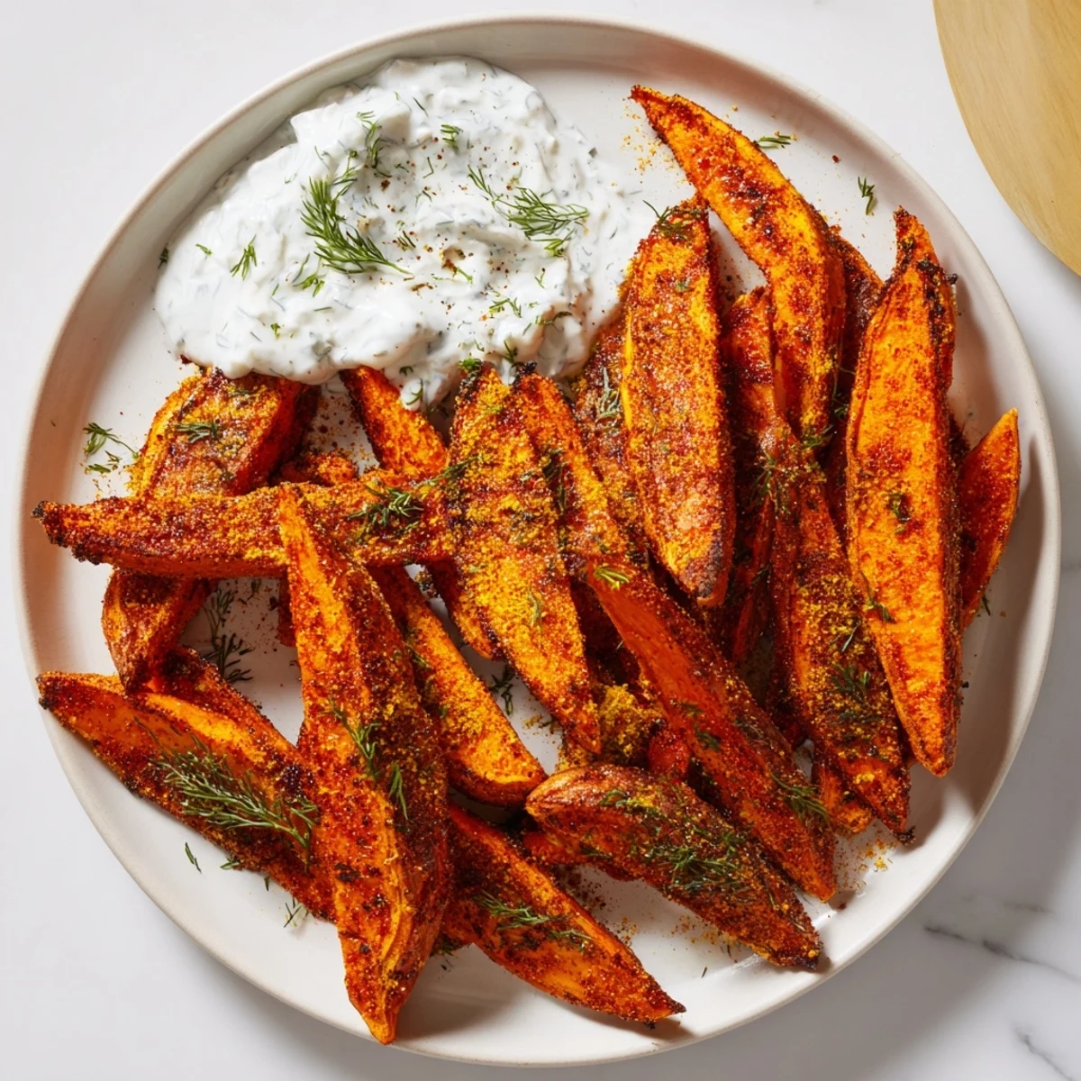 Close-up of freshly baked roasted sweet potato wedges, a flavorful side dish, and the herbed yogurt dip.