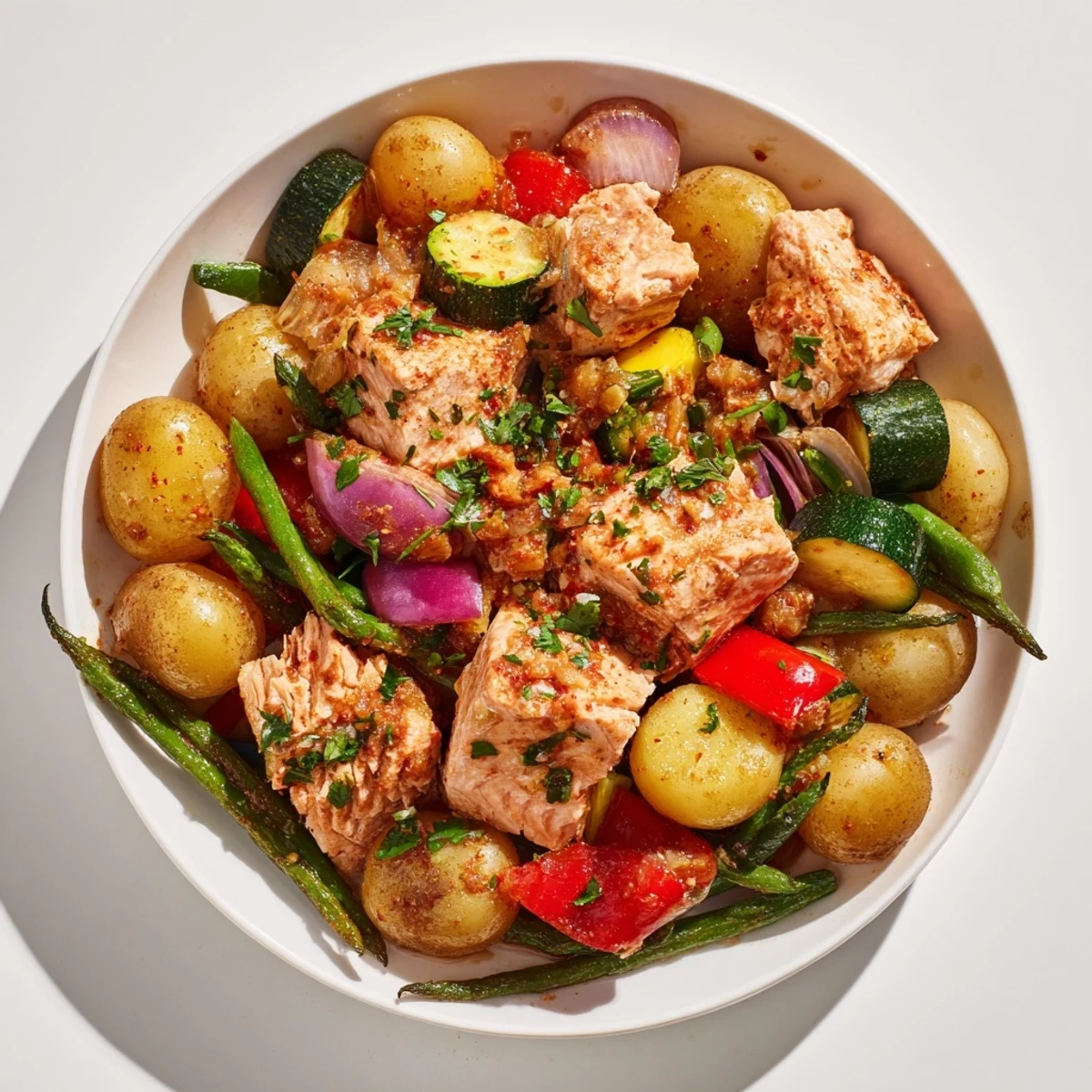 Golden, flaky Salmon & Potato Skillet with tender salmon and blistered vegetables, ready to eat.